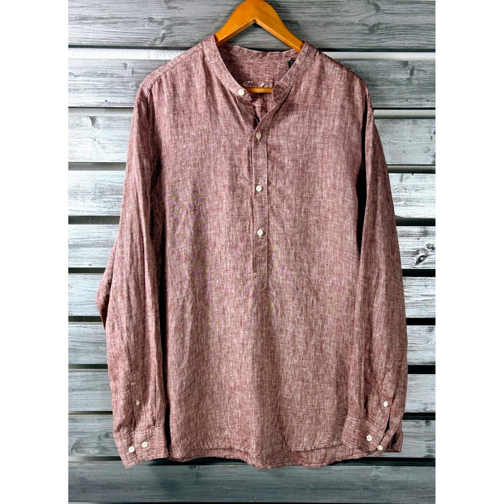 Tasso Elba Mens 100% Linen Band Collar Pullover Shirt XL Burgundy Long Sleeve